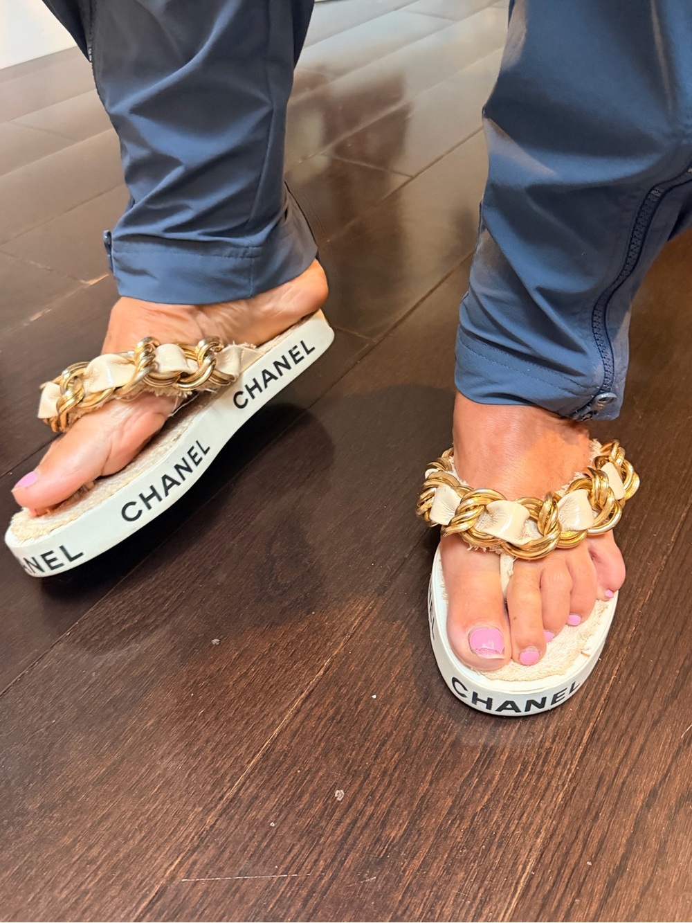 1990’s Vintage CHANEL Terry Cloth Chain Thong Sandals - Picture 6 of 8